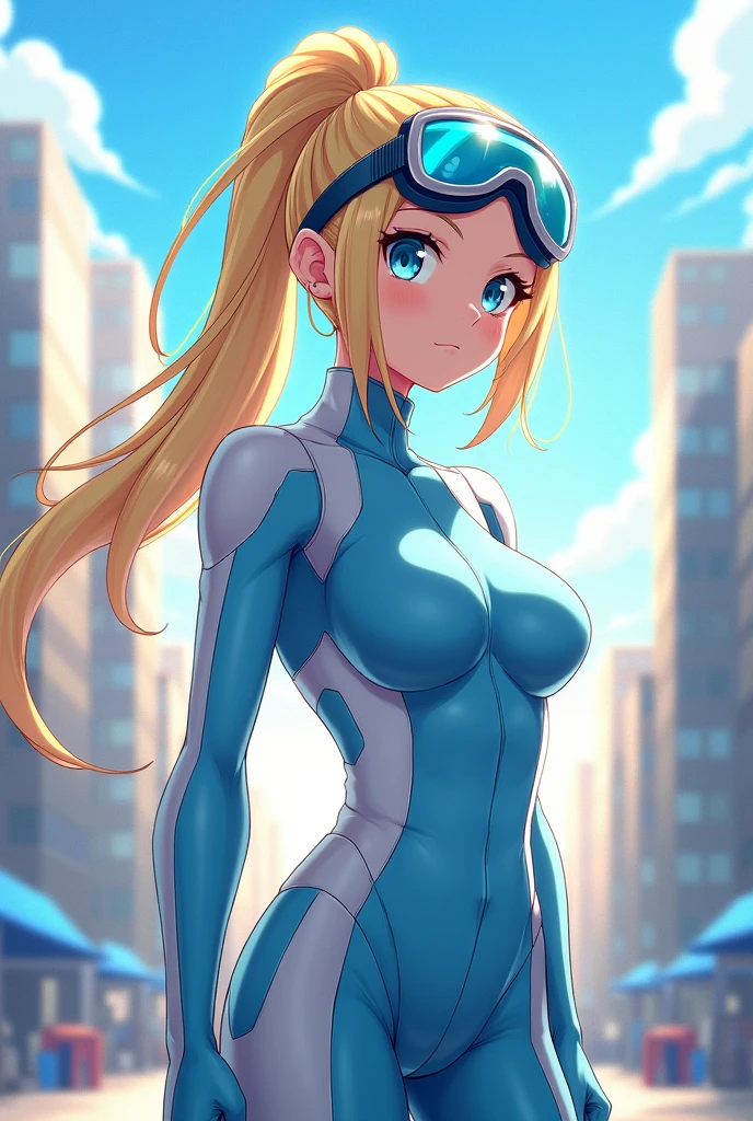 (My Hero Academia) women, light blonde, with a ponytail and bangs, almost gray blue eyes, thin with the uraraka suit but pastel blue and with white details, con goggles