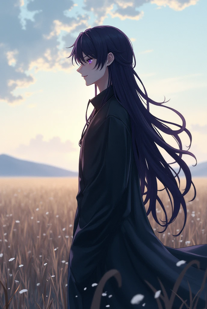 Make a young Germanic man with dark purple black hair, His name is Yuu Leir and he is ., He has 1,82 tall, He's a tall man, her hair is long and reaches her back, His face is a little effeminate but his body is thin but strong., he is smiling slightly calmly in a cloudy field without rain, photo realistic image.