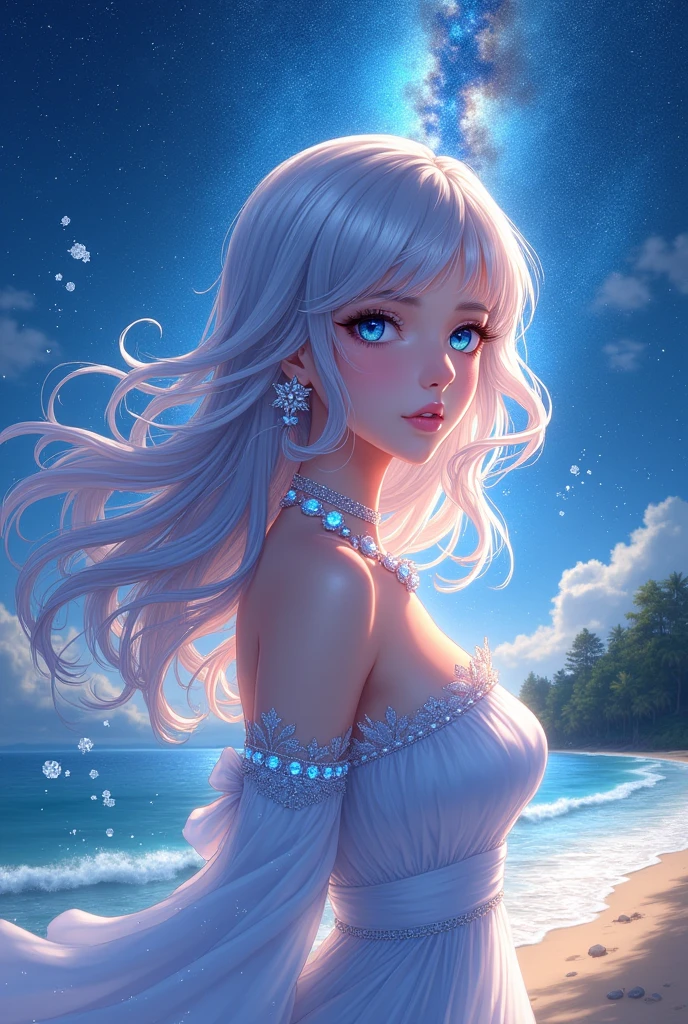 (masterpiece、Highest quality、8k、High resolution)、One female、(Beautiful Face、Beautiful Face)、Beautiful eyes、Beautiful lips、Beautiful nose、Silver blonde hair、(The best anime girl)、Sandy beach with a view of the forest、A bright night with stars visible、milky way、体whole bodyから神秘的な光の粒子、Mysterious light around the head、jewelry、necklace、dress、(whole body)、Highly detailed anime art、A complete portrayal、