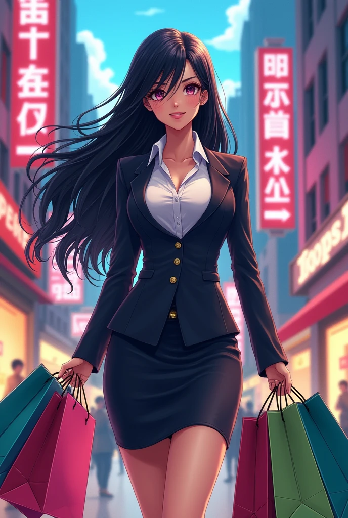 (anime:1.2),Woman with black hair, long, with bigger breasts, slender and ass. dressed as a secretary, with several bags from shopping
