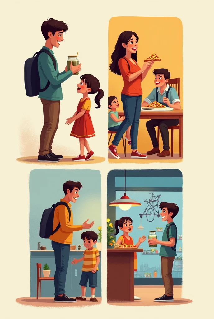 Scene of a student checking his savings jar with a smile and his sister on the side celebrating his effort Scene of the student with his mother and sister celebrating with a pizza Scene of a student in a bike shop looking at the one he wants to buy Scene of a young man paying for his bike in the shop All on one sheet vertically in 4 colorless vignettes