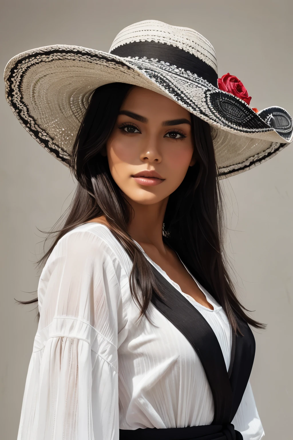 Digital artwork of a beautiful, gorgeous, full-length woman with long, wavy dark hair and a medium skin tone. The woman has striking facial features, including high cheekbones and dark, pronounced eyebrows. She is wearing a white blouse with a V-neckline, and over it a striped rebozo with green, white, and red colors in bold, intense hues. She is wearing a wide-brimmed black mariachi hat with white geometric patterns radiating outward. The overall composition is dramatic and visually striking, with a strong contrast between the vibrant colors of the rebozo, the black and white of the mariachi hat, and the solid, nuanced black background.