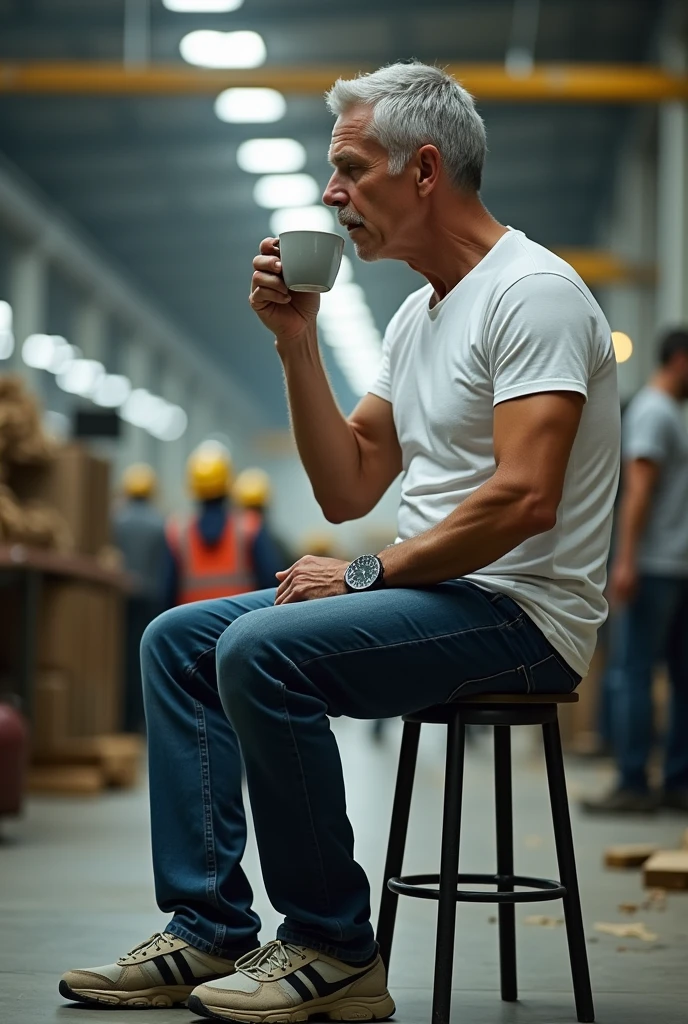 A gray-haired guy sitting in a white t-shirt, watch and shoe on the foot, drinking coffee while other people around him are working in a factory