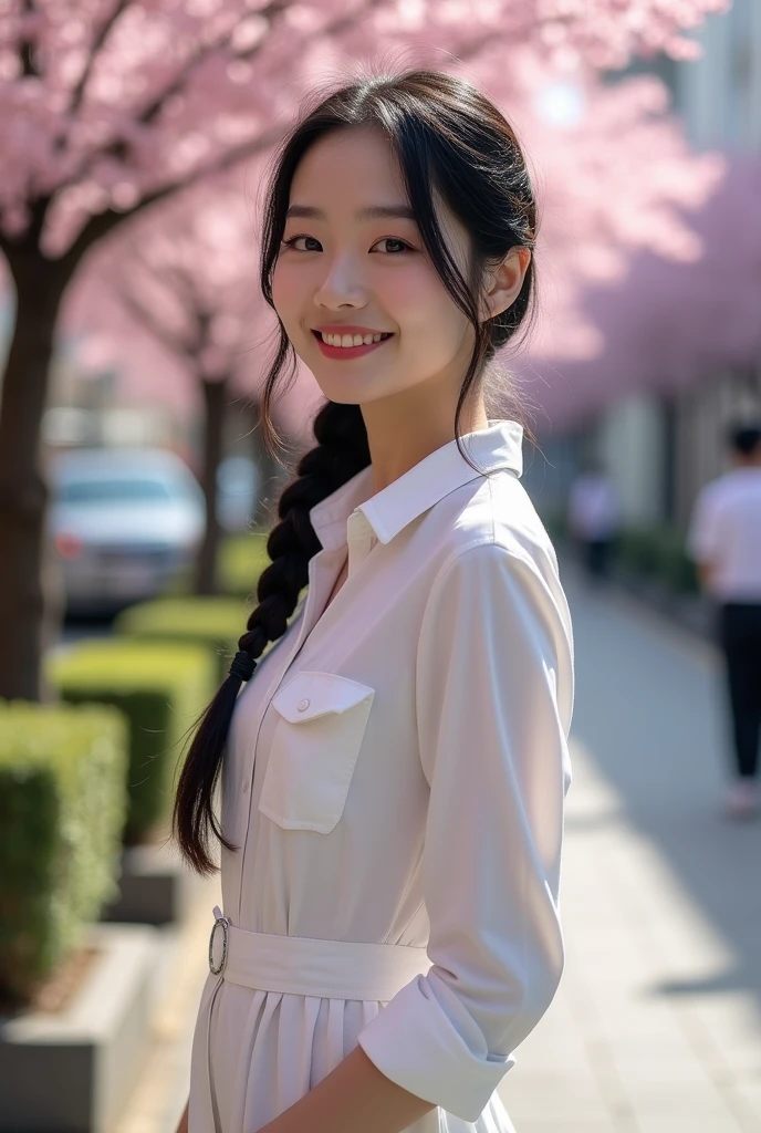 ,Japanese,White skin,Braiding,skinny,Thin arms,Narrow shoulders,smile,Perfect Face,View your audience,Medium chest,((Nipples)),belly button,slim, shirt dress,Full body portrait,