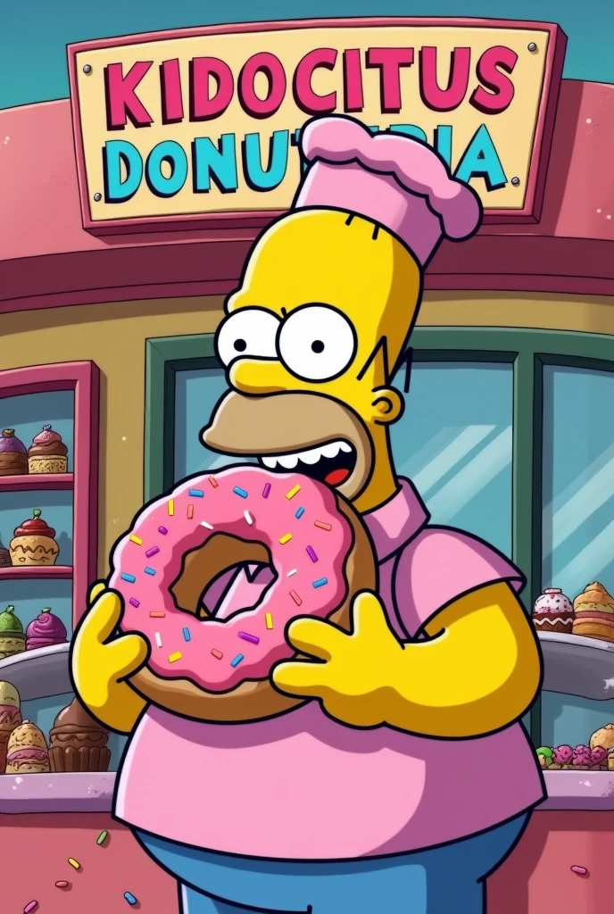 homer simpson eating a donut in a pink chef outfit, with the name written on a sign KIDOCITUS DONUTERIA, in pink colors, yellow and blue