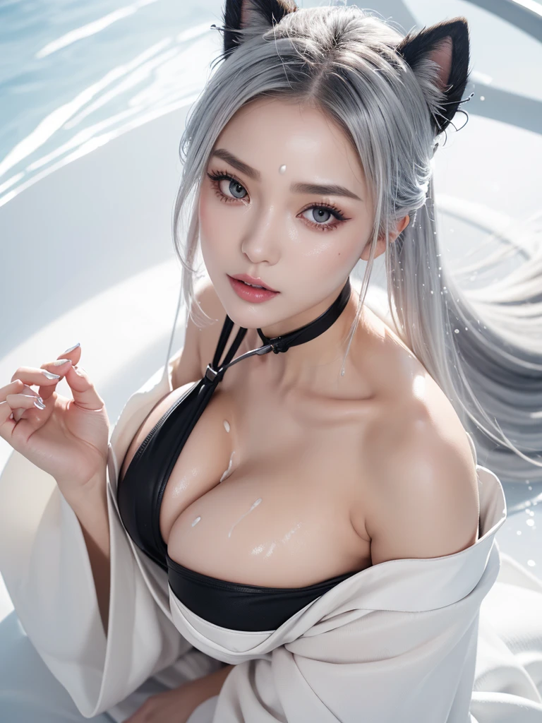 Beautyfull girl, fox ear, Silver Hair, Upper Body, Ultra-Gigantic Huge Tits, nipples, 4k , tight kimono costume, black flower kimono, from above, pov ulta-detail face, detail eyes, detail lips, detail body curve, (Static Restraints),、Gigantic Breasts, (((breasts and face cover with white liquids))), (((cum on breasts))), (((large amount))), Huge Cleavage, super detailed skin,deep detailed eyes,eyelashes,lips gloss,large breasts,hanging breasts,vibrant colors,bent over,masterpiece,best quality,ultra detailed,high resolution,sharp focus,depth of field