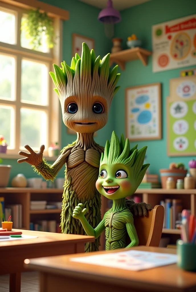 Groot dressed as a teacher holding and shaking hands with a smiling marijuana leaf