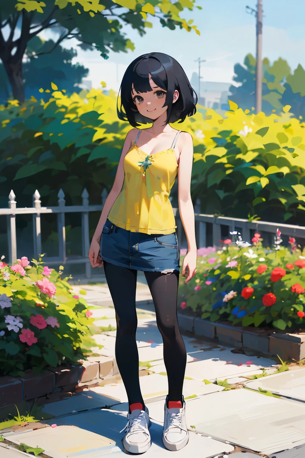 (high quality, High resolution, Very detailed, reality:1.37), Peaceful atmosphere, (Outdoor, garden), age girl standing alone, (my breasts are big.), Beautiful details, Cute Smile, (Black bob hair), camisole, Denim skirt, Black tights, sneakers.