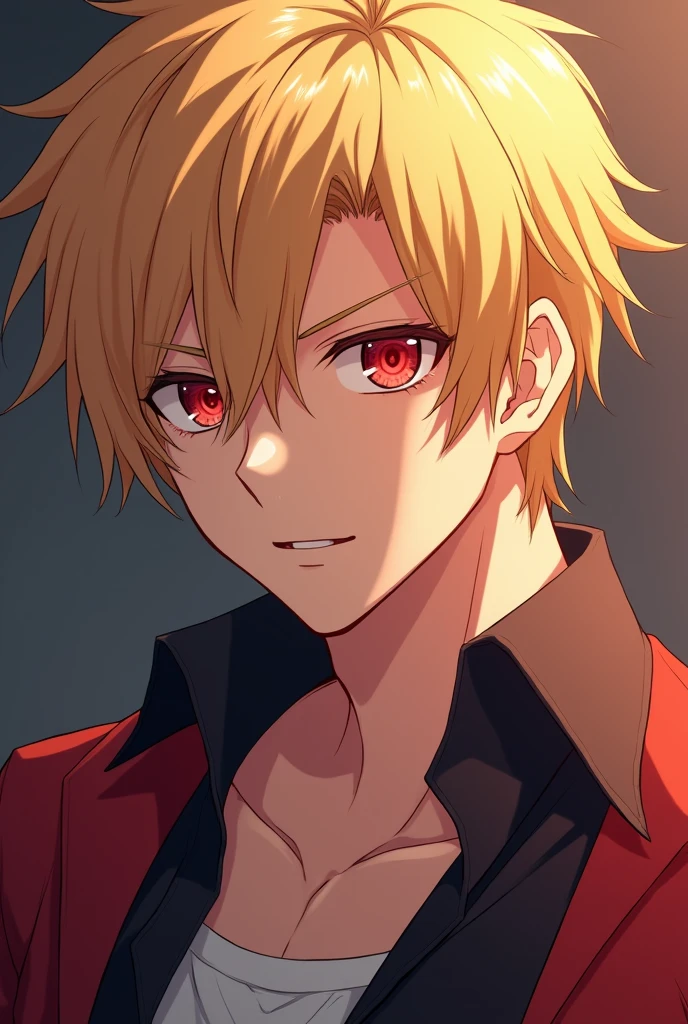 An anime boy with blond hair with blood red eyes muscular with very handsome teenage face
