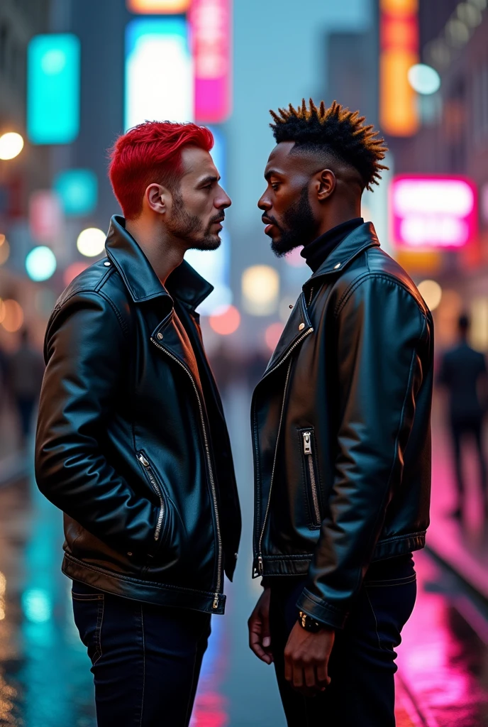 Red-haired man with short straight hair wearing bold and sexy clothes, another man he is black with hair with a black hairstyle and a golden streak, he is dressed a  