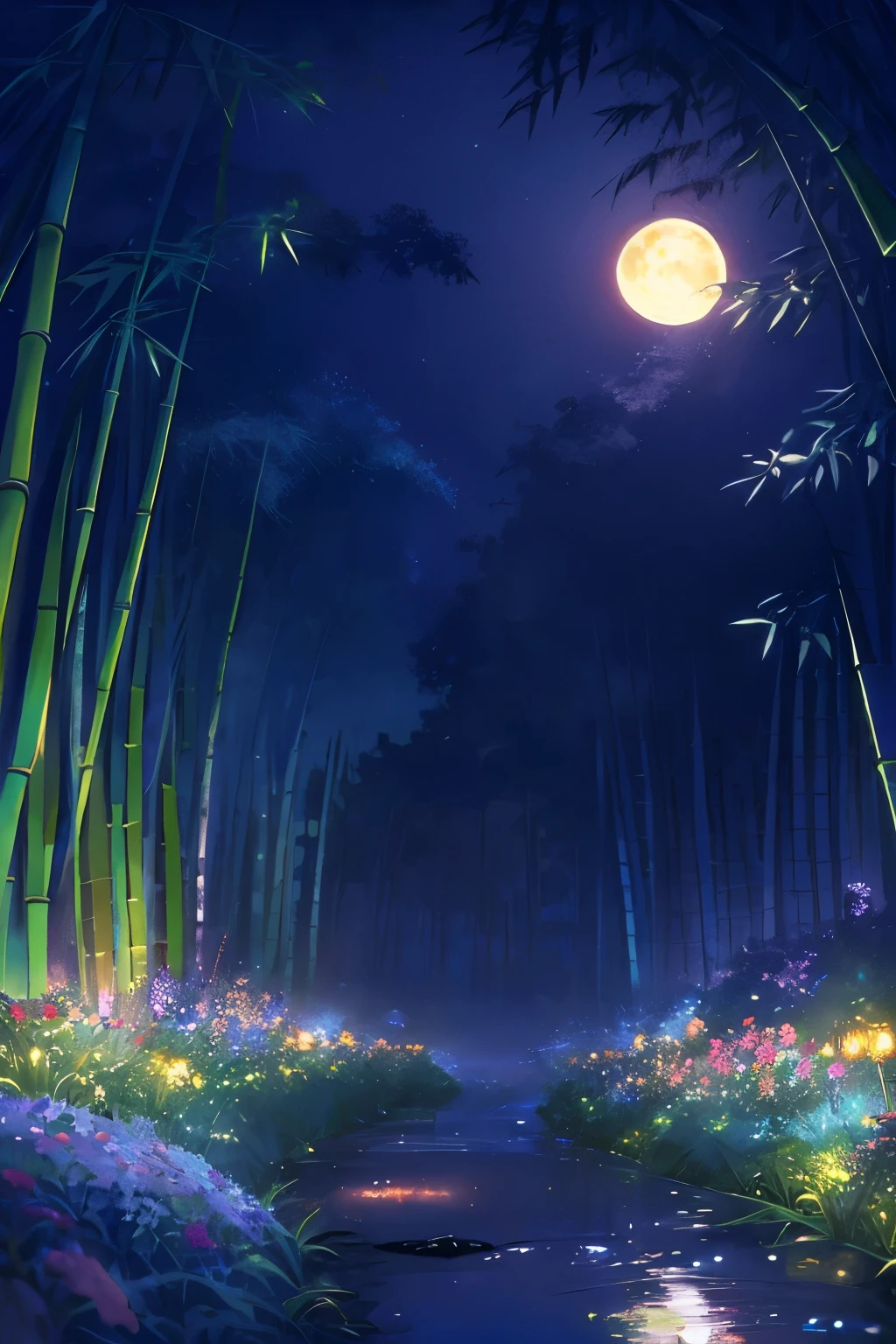 best quality, masterpiece, (Garden at Night)、(Firefly Light:1.3)、(moon)、(Bamboo Forest)