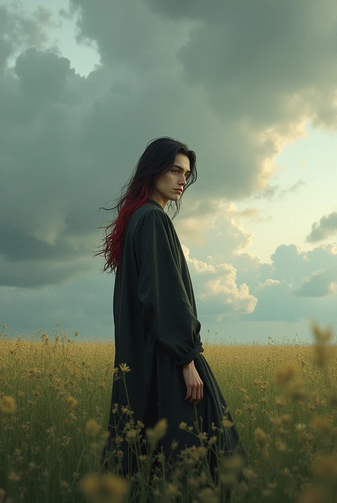 Make a young Germanic man with dark red hair and black hair, His name is Yuu Leir and he is ., He has 1,82 tall, He's a tall man, her hair is long and reaches her back, His face is a little effeminate but his body is thin but strong., he is smiling slightly calmly in a cloudy field without rain, photo realistic image.