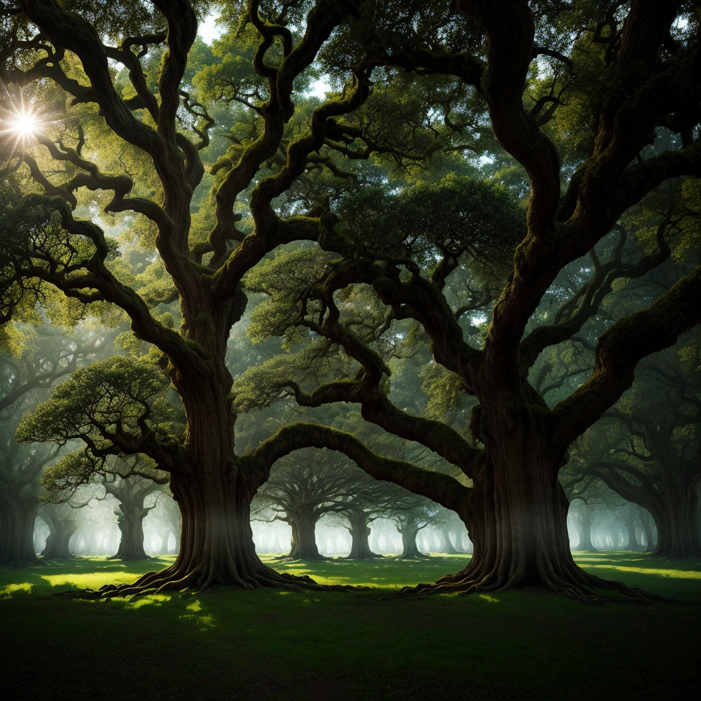 (Super delicate, majestic ancient oak trees are dotted side by side in a lush forest, creating a realistic photo of an eerie dark forest where light shines through.