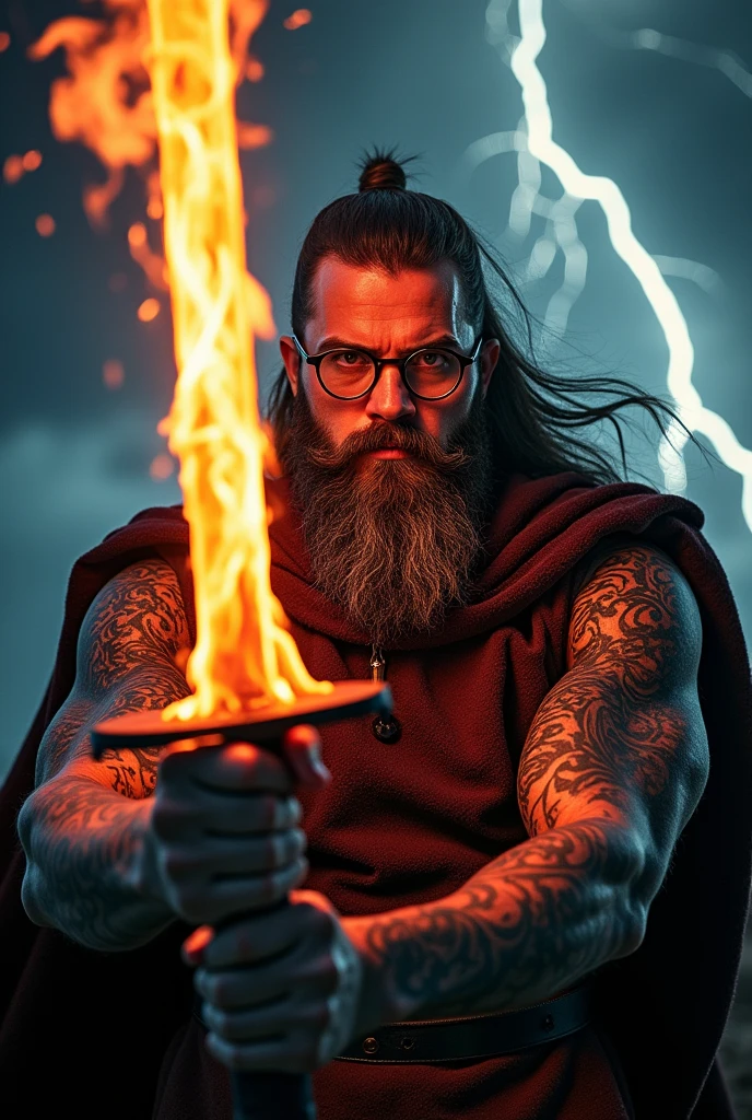 A bearded man with glasses and a flaming sword