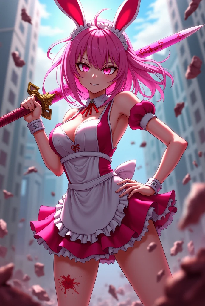 anime girl, pink hair, pink bunny ears, pink eyes, and pink fighting with a pink sword and angry all covered in maid outfit with big busts