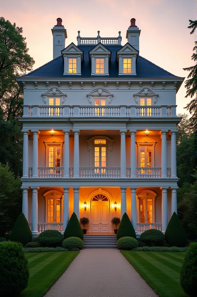 Front facade of a three-story French chateau with a porch with white Doric columns and 30 windows on each floor