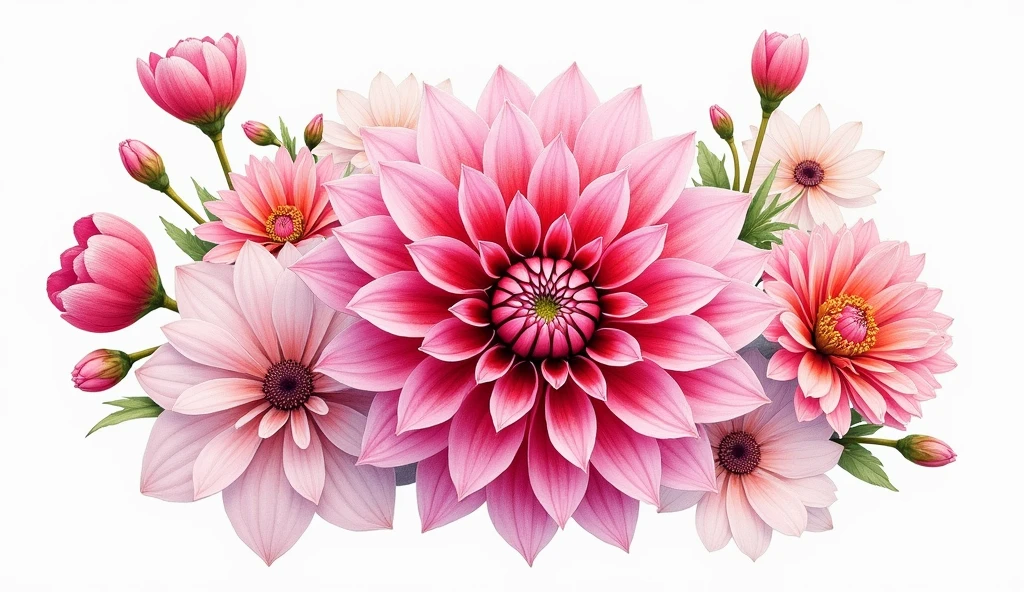 a robust bouquet with many flowers in watercolor illustration of spring pink Dahlia flower, isolated white background, vintage oil paint style