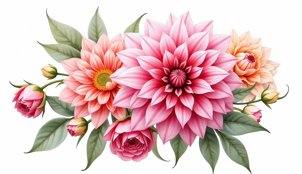 a robust bouquet with many flowers in watercolor illustration of spring pink Dahlia flower, isolated white background, vintage oil paint style