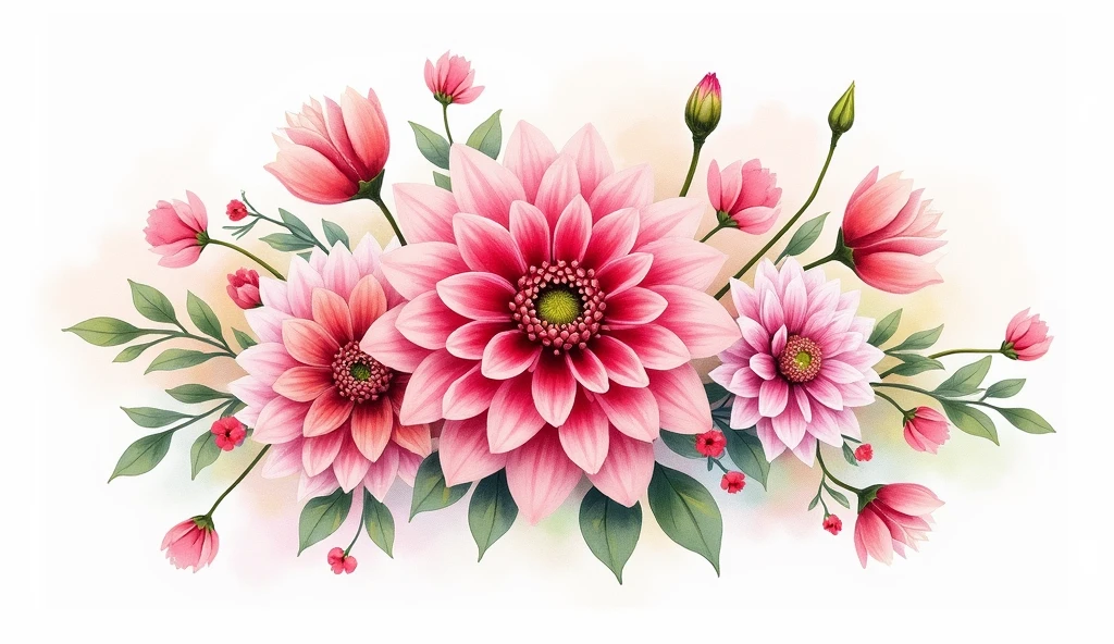 a robust bouquet with many flowers in watercolor illustration of spring pink Dahlia flower, isolated white background, vintage oil paint style