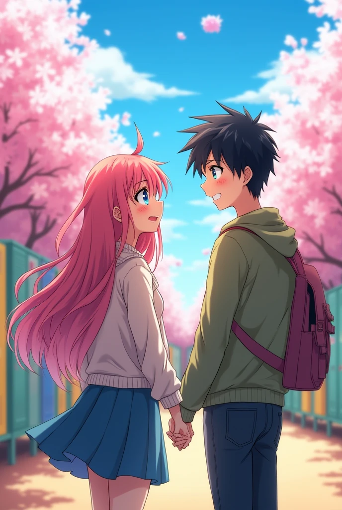 Two  lovers holding hands smiling in an anime style school 