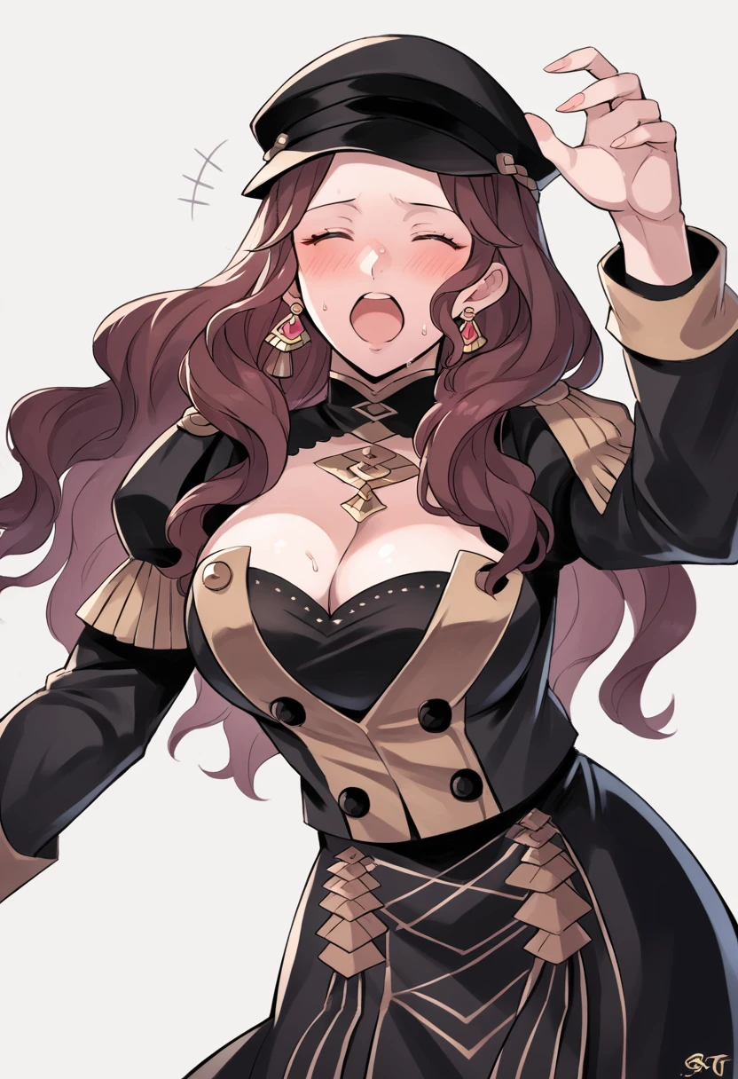 score_9, score_8_up, score_7_up, source_anime, Dorothea (Fire Emblem), mldortgm, black headwear, black skirt, (black uniform), brown hair, dangle earrings, gold trim, closed eyes, jewelry, large breasts, cleavage, long hair, black peaked cap, black hat, (aroused facial expression), open mouth, scream, blush, sweat, (view from below)