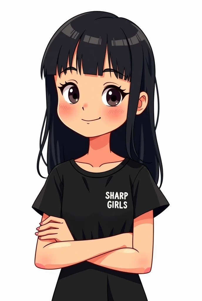 Cartoon of a girl with very straight black hair parted in the middle, face with freckles, brown balios, black blouse with the small name SHARP GIRLS on the shirt on the side of the chest, image background all white, and the one with her arms crossed