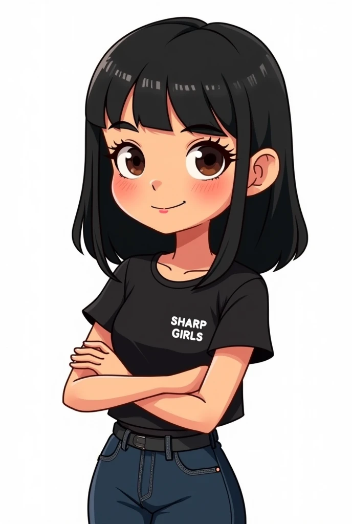 Cartoon of a girl with very straight black hair parted in the middle, face with freckles, brown balios, black blouse with the small name SHARP GIRLS on the shirt on the side of the chest, image background all white, and the one with her arms crossed