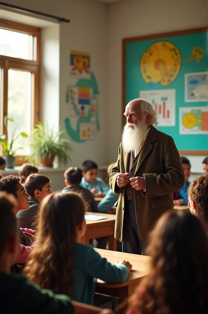 Charles Darwin and Juan Luis Arsuaga giving a class on the scientific creation theory to a classroom of sixth grade children. 3D epic realism with images of scientific creation.