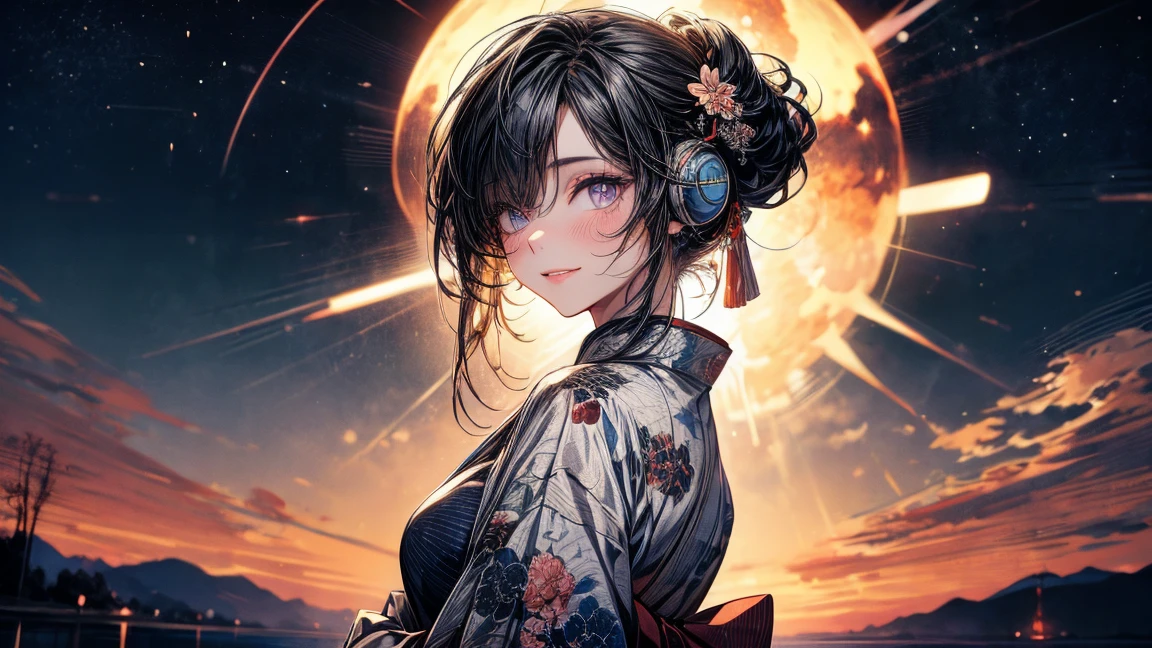 (Masterpiece, best quality), (ultra high resolution, 8K RAW photo, photo realistics:1.5, textile shading, pale tones, thin outline), woman in a kimono, (wearing light purple hanfu:1.2), (wearing japanese kimono:1.2, traditional japanese, japanese clothes), (classy yukata clothing, flowers printing in clothes), wearing a haori, (milf:1.5, 20 years old, solo), (narrow waist, curvy bodies), (medium hair, hair over one eye, asymmetric hair, half updo hair), (bright pupils, detailed eyes, high detailed face, half closing eyes), eye rush, (smiling, shamed), (looking at viewers:1.3), (dynamic angle, from little above:0.7), (correct anatomy:1.5, correct hands), (ideal ratio of body proportions), ((background: night, starry sky)), ((headphones)), ((ukiyo-e style)),