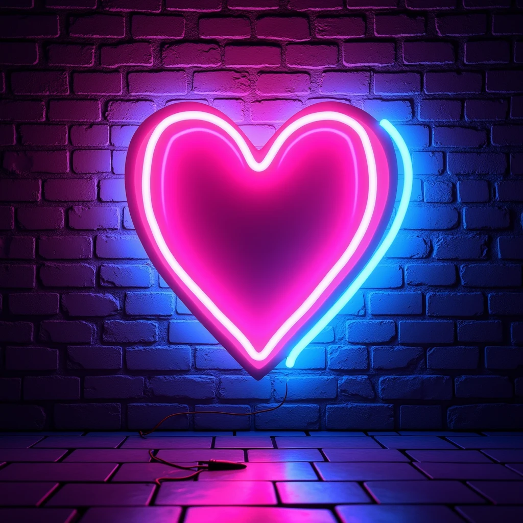 A cartoon style neon heart on a black brick wall