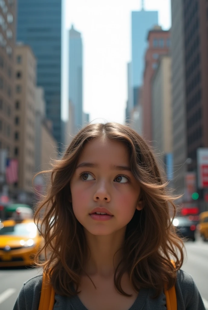 Girl with medium wavy hair looking right realistically on a New York background