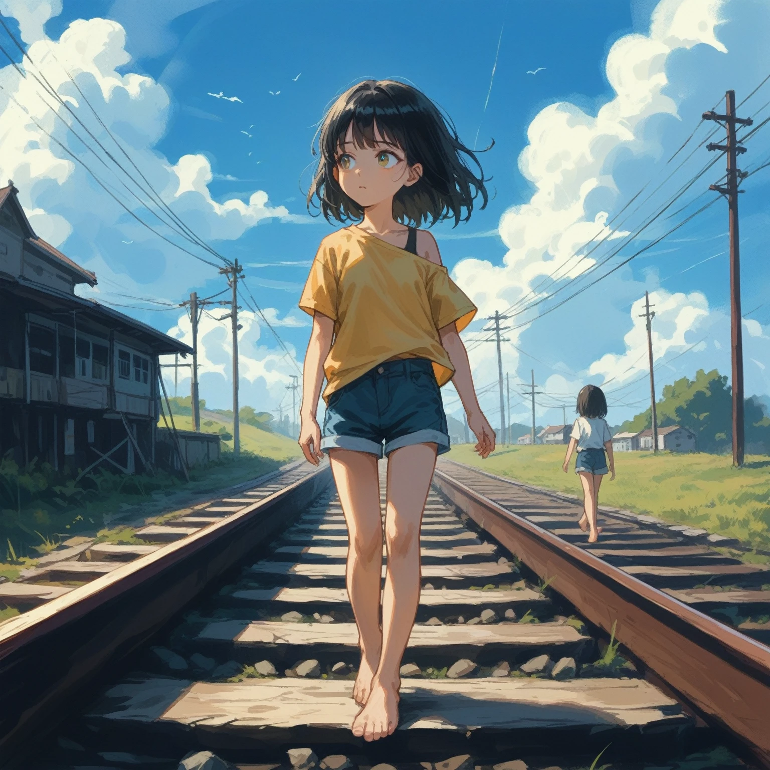 score_9, score_8_up, score_7_up, score_6_up, score_5_up, score_4_up, masterpiece, best quality, source_アニメ,2d、flat、1girl, 12yo、black hair,longhair is short-sleeved、Shorts、 Look to the side、blue sky、Old railway、electric wire、barefoot