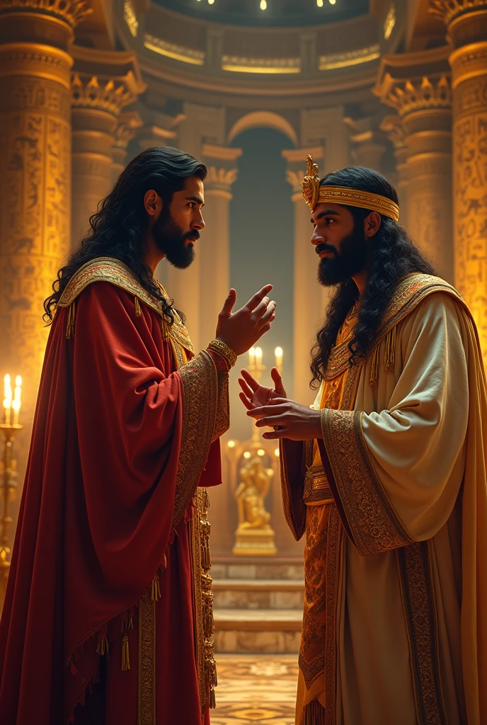 Joseph interpreting the pharaoh's dream: Show Joseph next to the pharaoh, with an expression of wisdom and confidence, while interpreting the king's dreams.