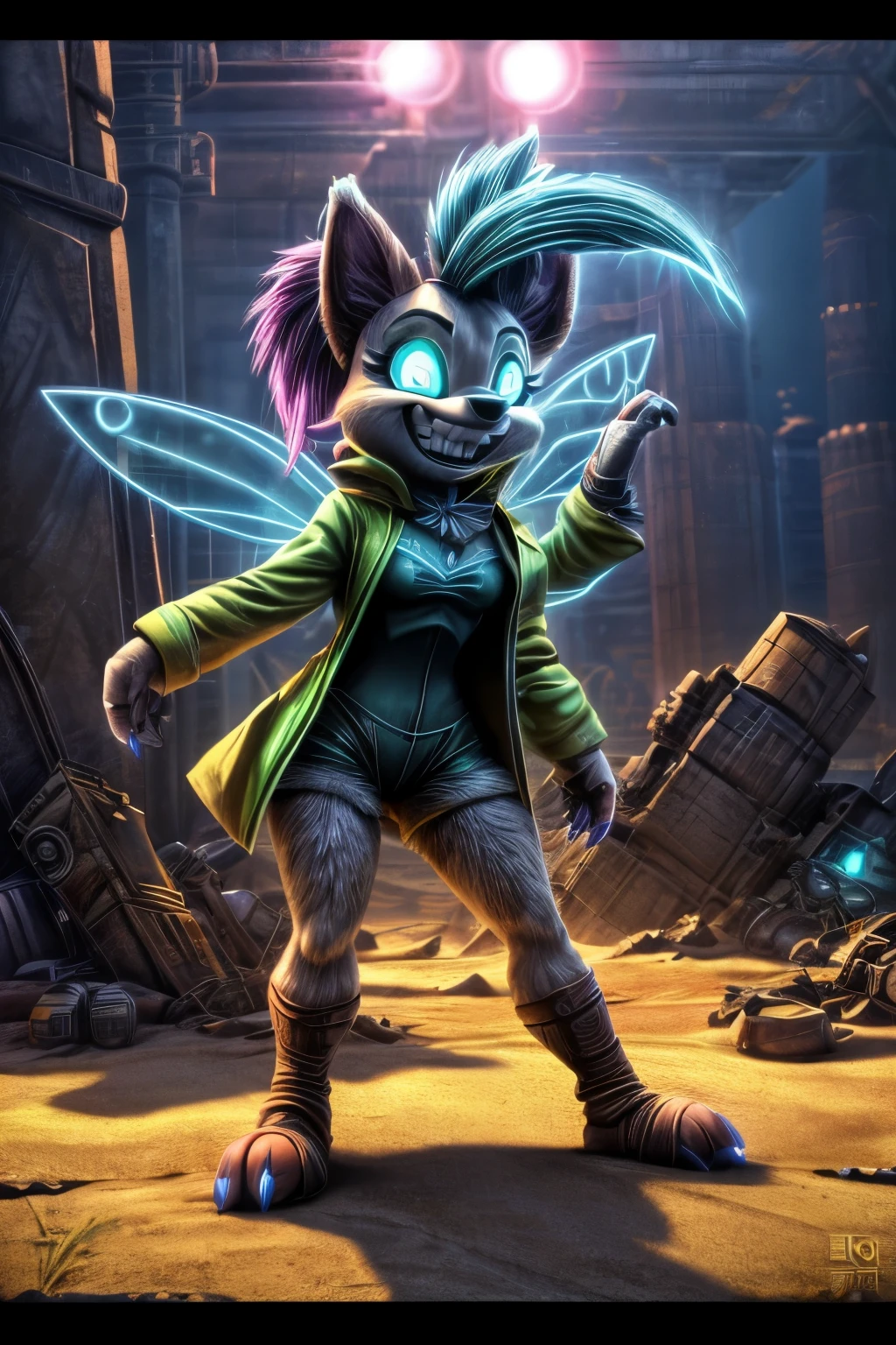 Masterpiece, 4K,8HD,artstation,best qualityer,soft lighting,8k,perfection,wasteland,midday,female dog,neon hair,radioactive,neon coat,happy,Playful,glowing white eyes,Grinning,sharped teeth,monster claws,alone,fancy,animated cartoon,fairy tale,,pokemon style 