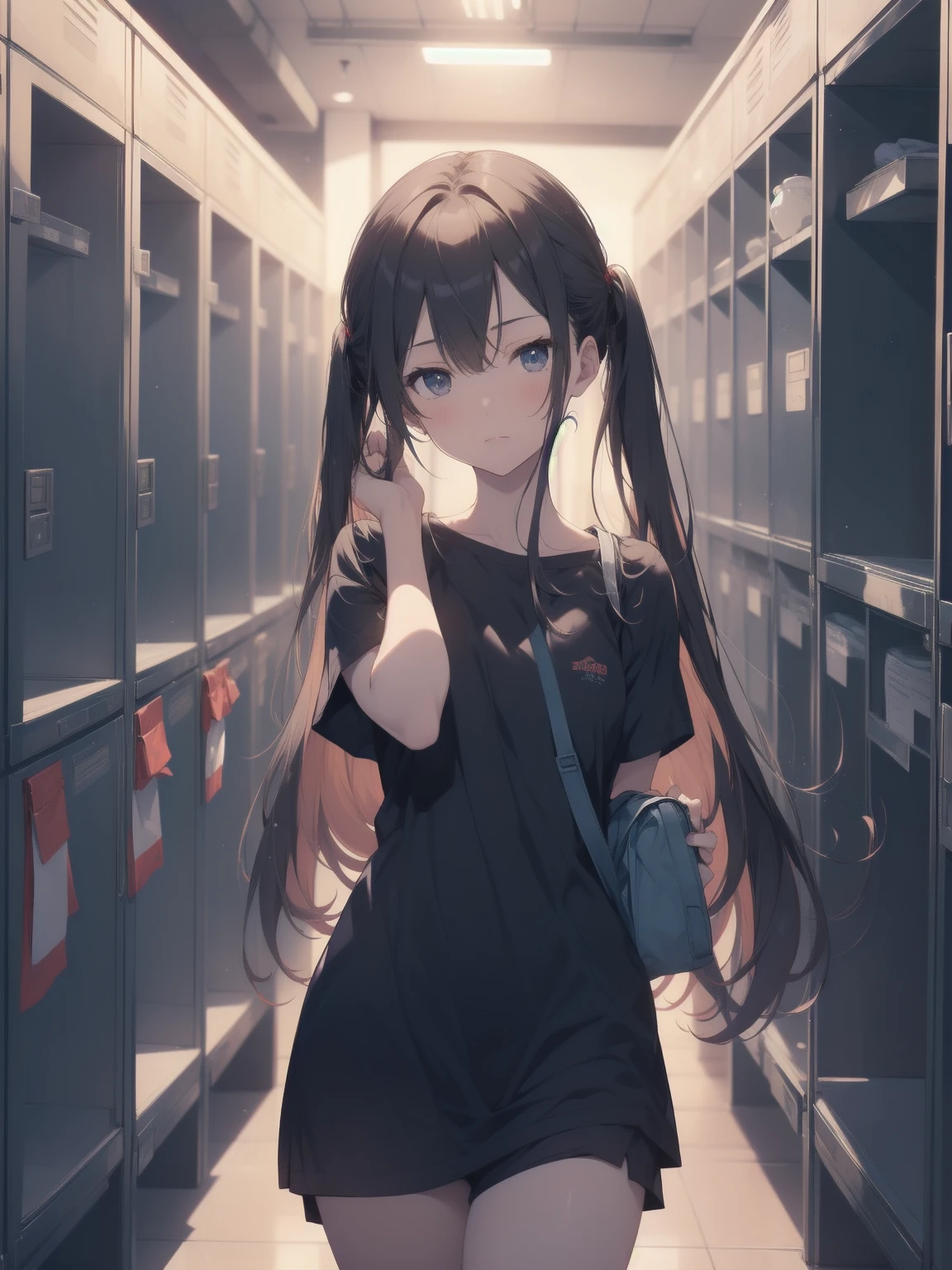 ultra-absurdres-Top quality by artist God, ultra-detailed, high resolution, anime moe artstyle, best anime 8k konachan wallpaper, pixiv contest winner, perfect anatomy,break, 1girl, (Please draw a girl dressing in locker room alone. )break,(Solo,little female, loli_face, -yeld:1.Full limbs, complete fingers, school stbreasts, beautiful (well-shaped) breasts, cleavage, navel, groin, butt, small black eyes, beautiful detailed eyes, well-proportioned iris and pupils, highres detailed hair, sweat, expressionless, (dressing, upper body in bra only, no shirt on, underwear):1.3, (Detailed Lighting), (Detailed background),indoors, in the locker room. break,super detailed skin, shiny skin, Best sexual lighting powered by famous artist, 8k,beauty illustration,photoshop_(medium),very aesthetic,break,((artist:rappa_(rappaya) )), artist:clamp ,artist:carnelian ,artist:kantoku ,