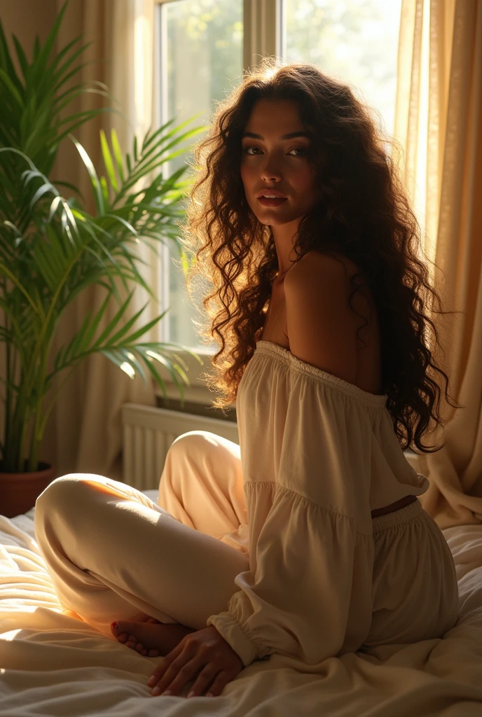 (photorealism:1.2), beautiful woman, sitting on bed, wearing loose off-shoulder top, pajama pants, long curly hair, indoors, soft lighting, plants in background, window with sunlight, cozy room, relaxed pose, realistic, intricate details, warm colors, by Greg Rutkowski, by Alphonse Mucha