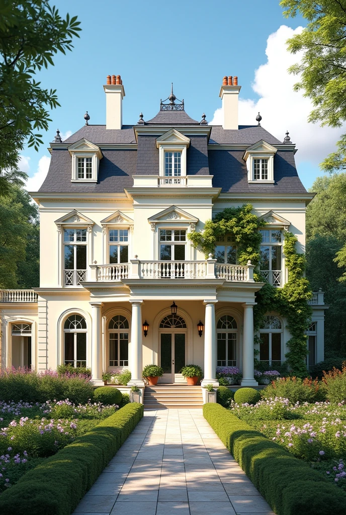 Front facade of a three-story French chateau with a porch with white Doric columns and 30 windows on each floor