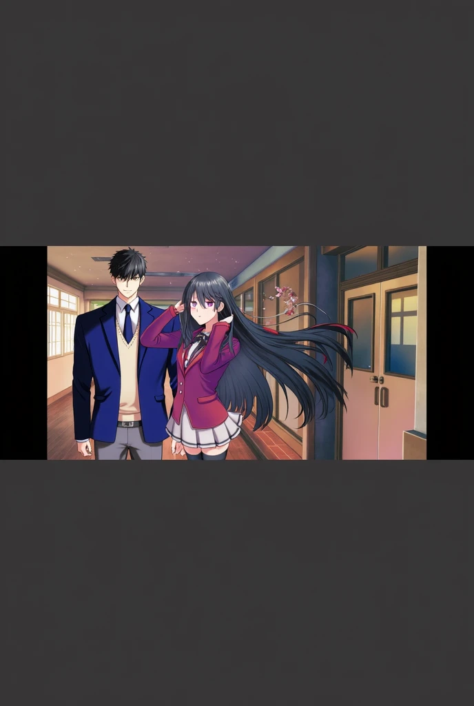 Suzune Horikita a sexy young Japanese female apperance red eyes, purple eyes, long hair, black hair, hair ribbon``For Clothing: ``school uniform, bow tie, red jacket, white skirt, pleated skirt, kissing with a sexy young korean male named Daniel park apperance 191cm tall short black hair and a blue eyes with a very handsome face dressing wearing a school uniform with a red jacket and a black tie with black pants for better reference of them use this image