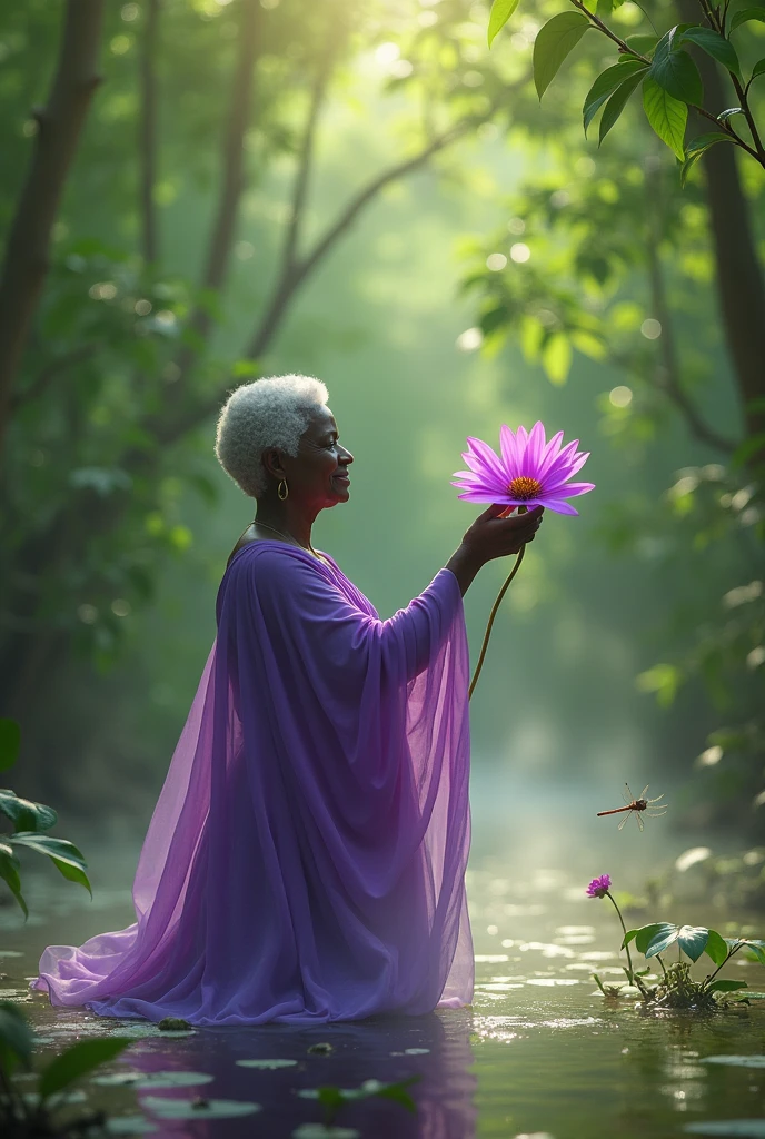 Elderly black woman orisha with short white hair wearing lilac holding a lilac flower in her hand in a swamp