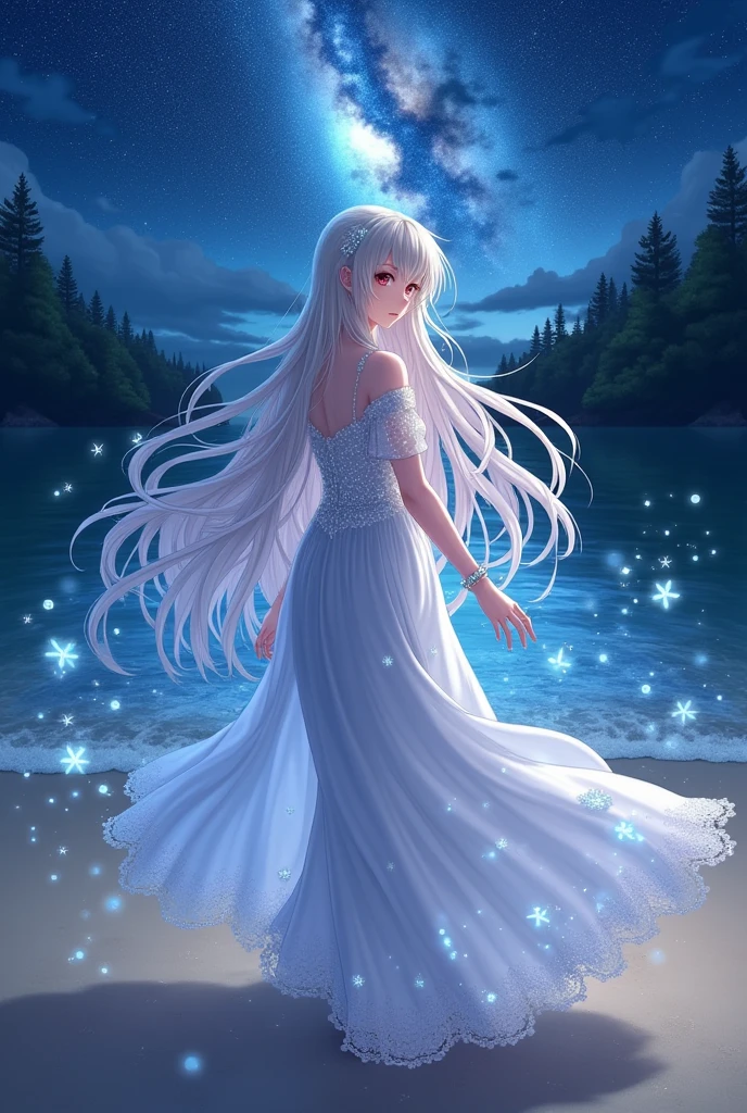 (masterpiece、Highest quality、8k、High resolution)、One female、(Beautiful Face、Beautiful Face)、Beautiful eyes、Beautiful lips、Beautiful nose、Silver blonde hair、(The best anime girl)、Sandy beach with a view of the forest、A bright night with stars visible、milky way、体whole bodyから神秘的な光の粒子、Mysterious light around the head、jewelry、necklace、dress、(whole body)、Highly detailed anime art、A complete portrayal、