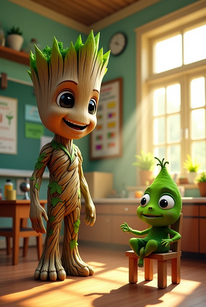 Mr Groot teaching a smiling cannabis leaf sitting on a chair inside a classroom
