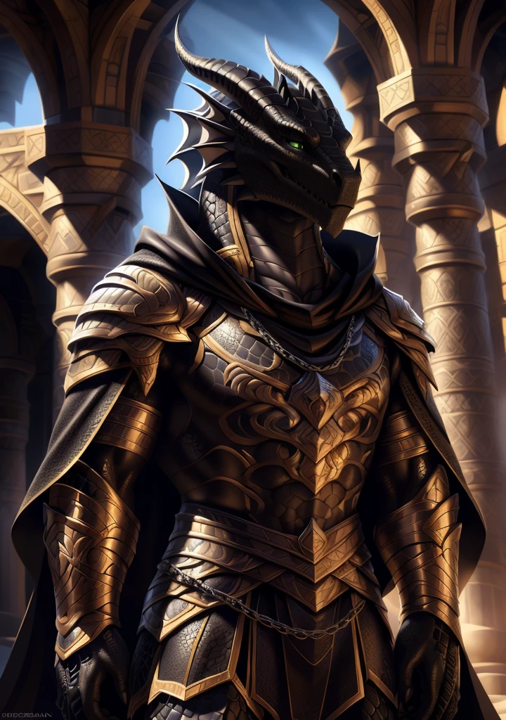 Realistic, detailed, beautiful, masterpiece, HDR, castle interior background, fantasy setting, king, ((gold armor, gold breast plate, chain mail, gold pauldrons, gold greaves, gold leg armor, wearing gold armor, black robes, black cloak, wearing black robes and cloak)) dragon, anthro, male, male body, black skin, (black scales:1.9), (two long thin horns:1.3), green eyes, detailed eyes, perfectly shaped body, confident majestic pose, finger black claws, masculine facial features, seductive gaze, neutral facial expression, black pointed ears, standing tall, out doors, daytime, close-up, portrait, face focus,
(detailed Bonifasko lighting), (detailed scales), (detailed skin), (male dragonborn), BREAK, ((long flowing tail)), ((facing viewer)), (cinematic lighting), ((detailed background)), ((portrait view)), (((close-up))), (good lighting), [backlighting], [crepuscular ray], [detailed ambient light], [gray natural lighting], [ambient light on the belly], (higher wildlife feral detail), [explict content], [sharp focus], (questionable content), (shaded), ((masterpiece)), furry dragonborn, reptilian face, furry Fantasy Art, furry Art, Commission for High Res, anthro Art, POV furry Art,Sakimichan beautiful, masterpiece, best quality, detailed image, bright colors, detailed face, perfect lighting, perfect shadows, perfect eyes, green eyes, flawless face, face focus, (masterpiece:1.21), (best quality:1.2), (illustration:1.2), (cinematic lighting:1.3), detailed scales, balanced coloring, global illumination, ray tracing, good lighting, scales, anthro, well lit 