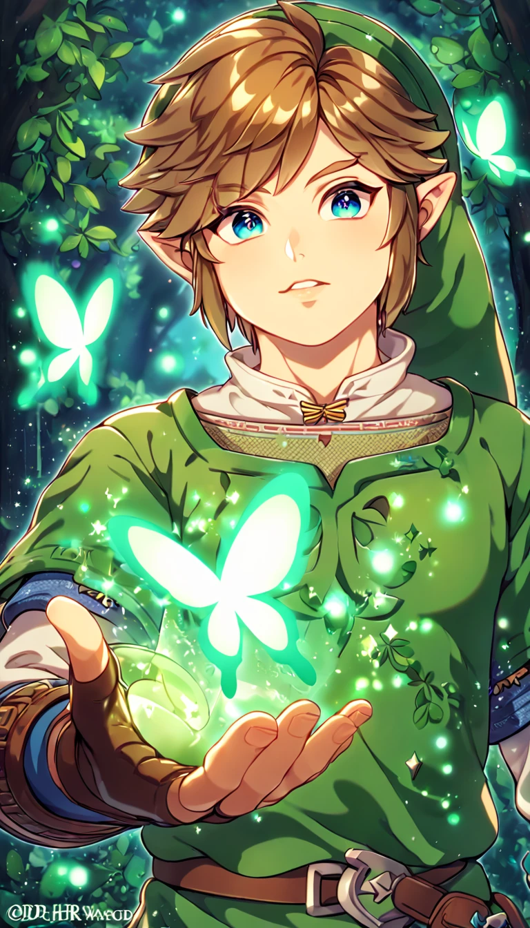 absurdres, highres, ultra detailed, HDR, master piece, best quality, extremely detailed, Link, brown hair, expressive blue eyes, The Legend Of Zelda Skyward Sword, solo, sexy man, sensual, handsome, green tunic, green hat, brown gauntlets, under a green tree, fantasy, magical, glittering fireflies, green butterflies, green flames, glass magic, green leaves