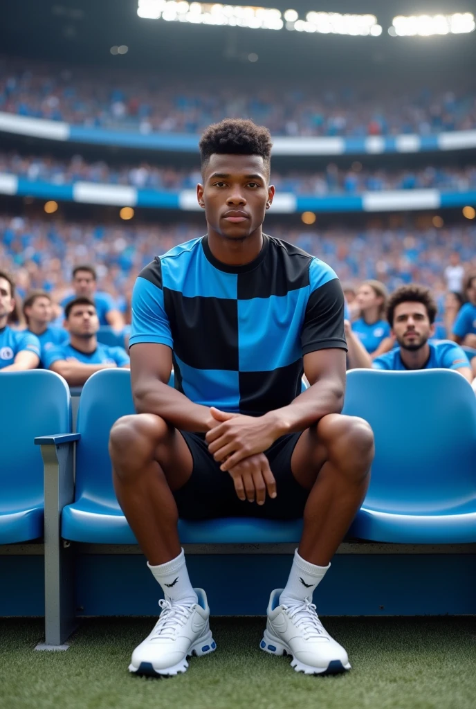 best qualityer:1.4), (ultra high resolution:1.2), (photorrealistic:1.4), (8k, CRU photo:1.2), a thin young man of 20 years old, skin black, with a smooth, beardless face, with short hair with shaved sides and a low top, similar to the fade or taper haircut style, short sleeve shirt with tricolor colors with blue black and white. He is wearing black shorts and white sneakers.. He is sitting on a bench in the middle of a football stadium crowd. The crowd wears blue clothes.