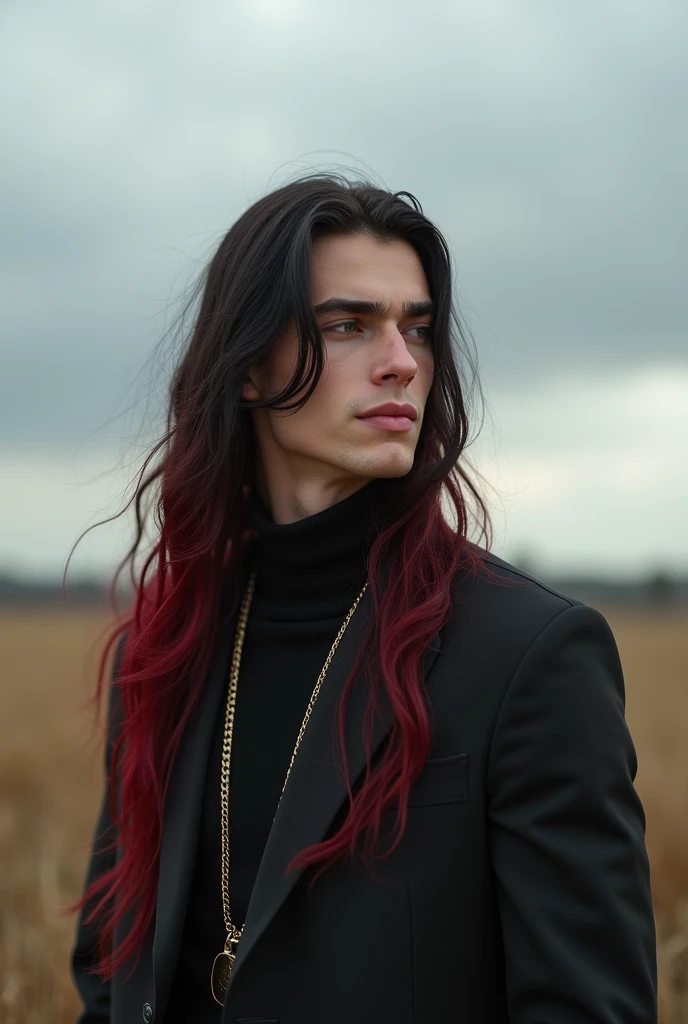 Make a young Germanic man with dark red hair and black hair, His name is Yuu Leir and he is ., He has 1,82 tall, He's a tall man, her hair is long and reaches her back, His face is a little effeminate but his body is thin but strong., he is smiling slightly calmly in a cloudy field without rain, photo realistic image.