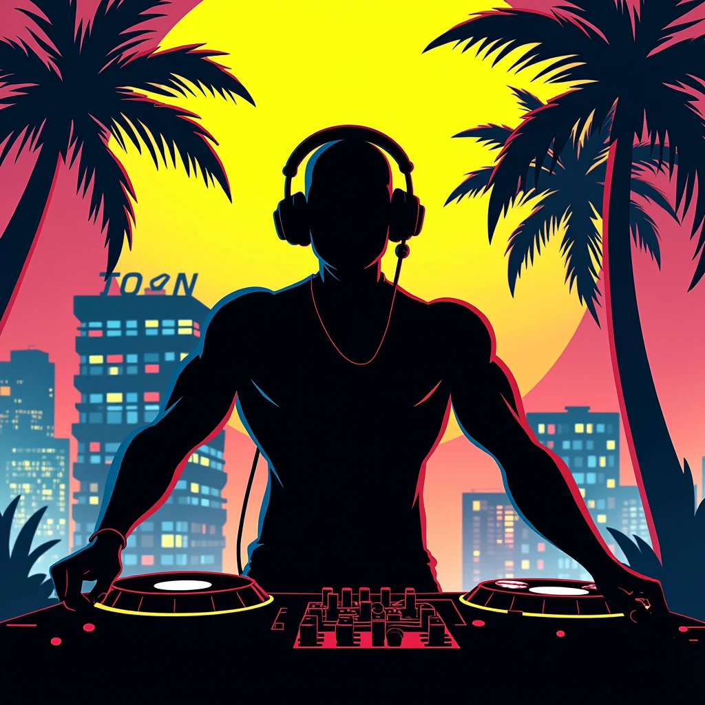 Black shadow of a cartoon style dj, Vice City GTA, yellow blue and red background