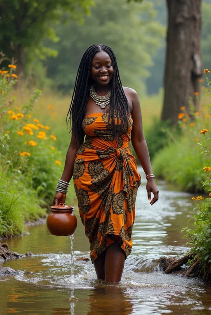 Generate a realistic and consistent image of Nma a very beautiful 28 years Nigerian princess, tieing rapper on her chest and waist decorated with beads on her hair and waist, fetching water from the village stream