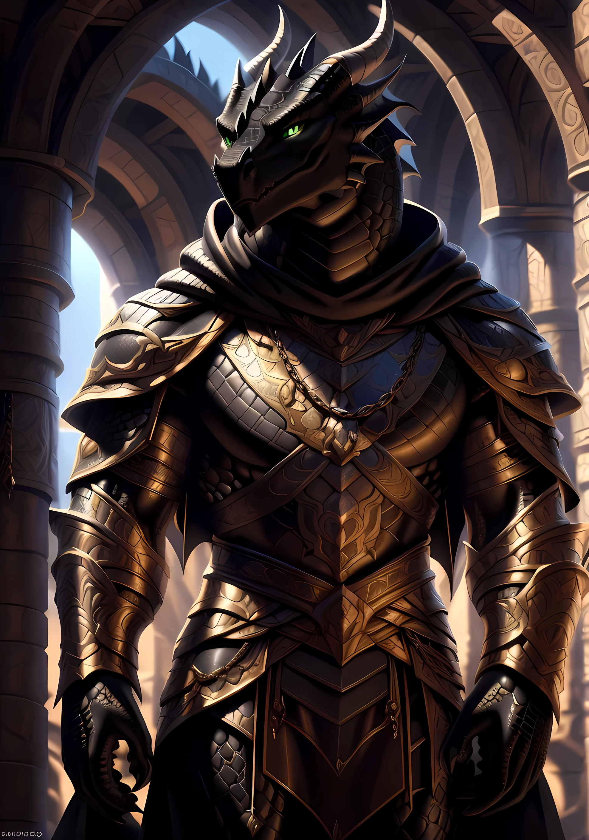Realistic, detailed, beautiful, masterpiece, HDR, castle interior background, fantasy setting, king, ((gold armor, gold breast plate, chain mail, gold pauldrons, gold greaves, gold leg armor, wearing gold armor, black robes, black cloak, wearing black robes and cloak)) dragon, anthro, male, male body, black skin, (black scales:1.9), (two long thin horns:1.3), green eyes, detailed eyes, perfectly shaped body, confident majestic pose, finger black claws, masculine facial features, seductive gaze, neutral facial expression, black pointed ears, standing tall, out doors, daytime, close-up, portrait, face focus,
(detailed Bonifasko lighting), (detailed scales), (detailed skin), (male dragonborn), BREAK, ((long flowing tail)), ((facing viewer)), (cinematic lighting), ((detailed background)), ((portrait view)), (((close-up))), (good lighting), [backlighting], [crepuscular ray], [detailed ambient light], [gray natural lighting], [ambient light on the belly], (higher wildlife feral detail), [explict content], [sharp focus], (questionable content), (shaded), ((masterpiece)), furry dragonborn, reptilian face, furry Fantasy Art, furry Art, Commission for High Res, anthro Art, POV furry Art,Sakimichan beautiful, masterpiece, best quality, detailed image, bright colors, detailed face, perfect lighting, perfect shadows, perfect eyes, green eyes, flawless face, face focus, (masterpiece:1.21), (best quality:1.2), (illustration:1.2), (cinematic lighting:1.3), detailed scales, balanced coloring, global illumination, ray tracing, good lighting, scales, anthro, well lit 