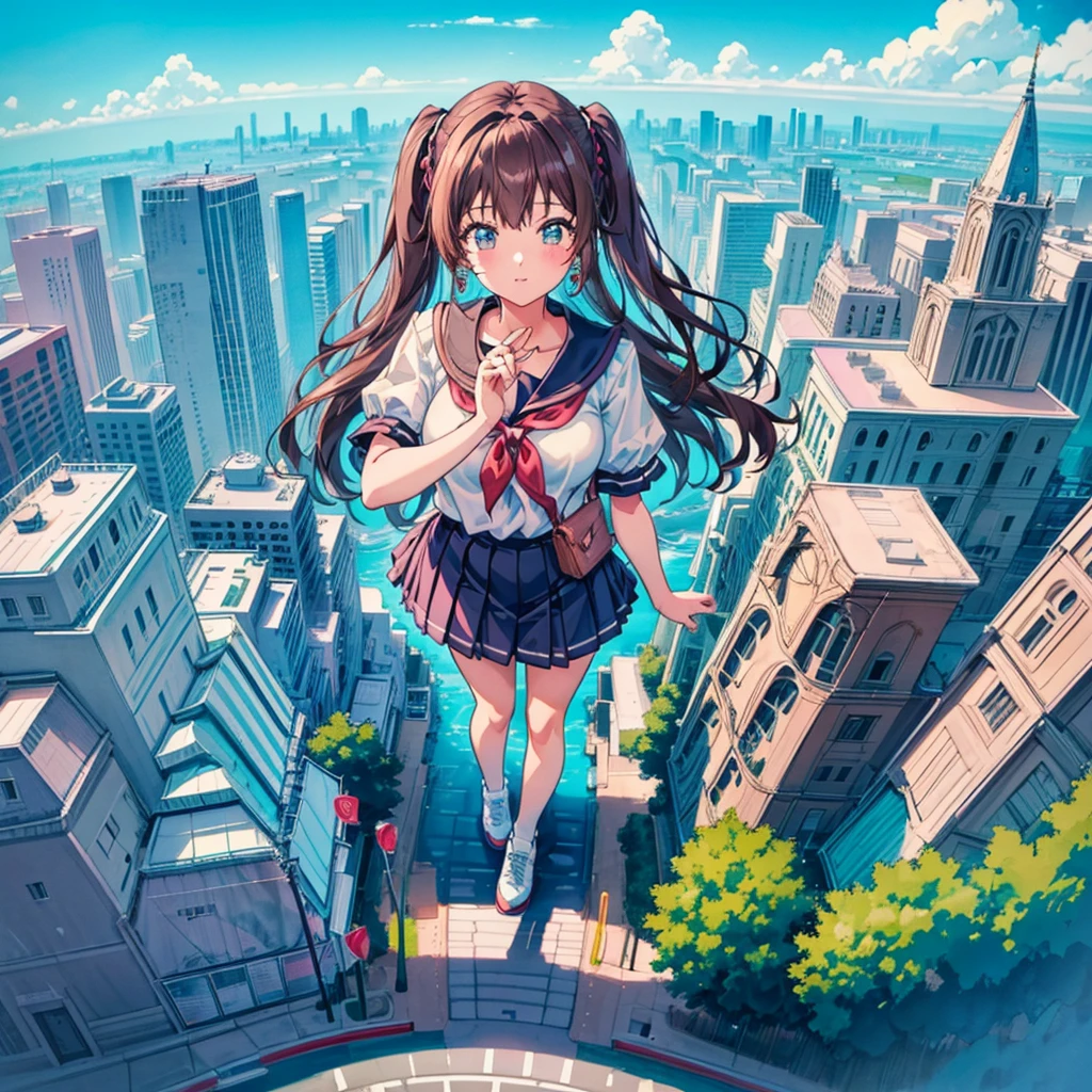 A girl，diaper，My face is red，Comfortable expression，squat，{{{Female Giant}}}，一个Female Giant，Girl height 3000 meters，1A girl，Modern miniature city，She trampled the city.，站在Modern miniature city ，girl wearing white sneakers，crowd，逃离crowd，A girl taller than a tall building，Shy，Sailor Suit，Short skirt，A city smaller than an ant