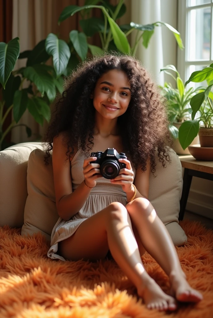 A brunette girl with curly hair and big breasts sits with her legs stretched out, taking a realistic photo